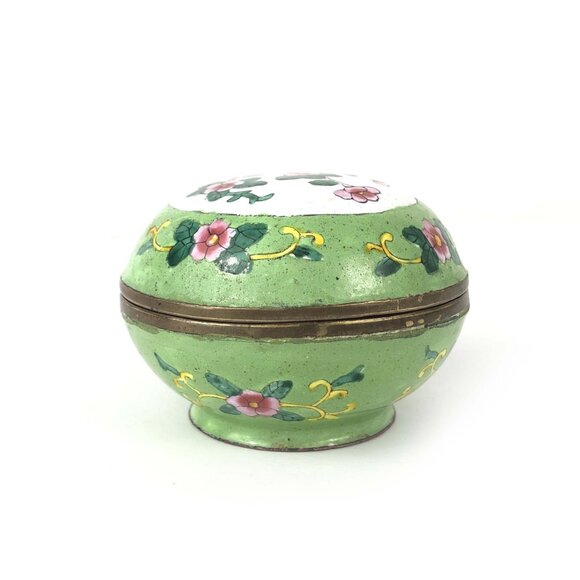 Chinese Canton Enamel Petite Vtg Hand Painted Copper Lidded Box Flower Design - Picture 4 of 6